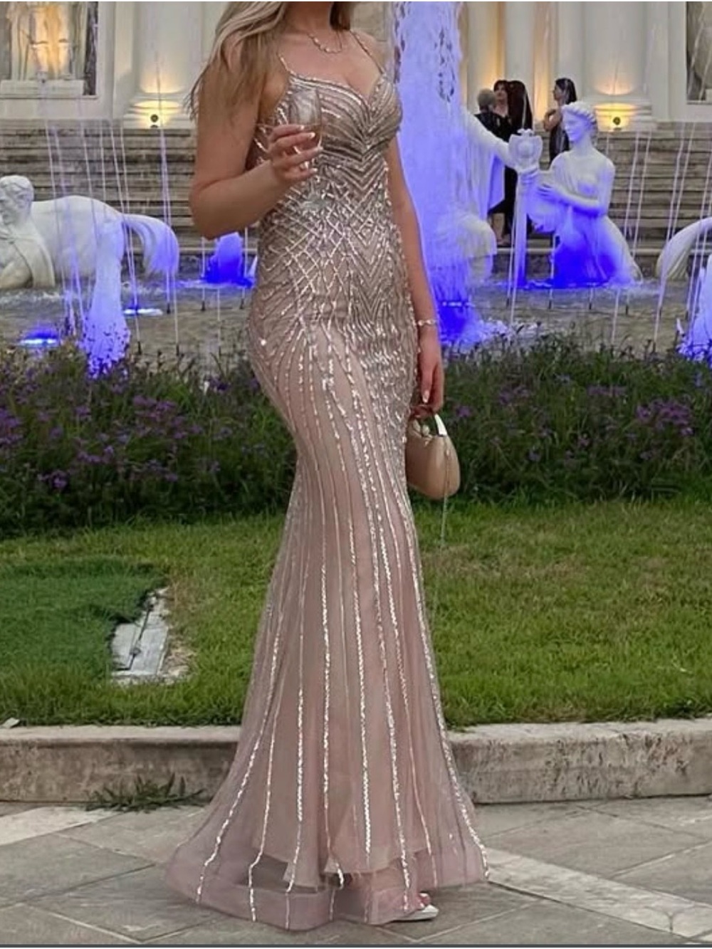 Beaded Champagne Mermaid Evening Dress - Spaghetti Strap Formal Gown